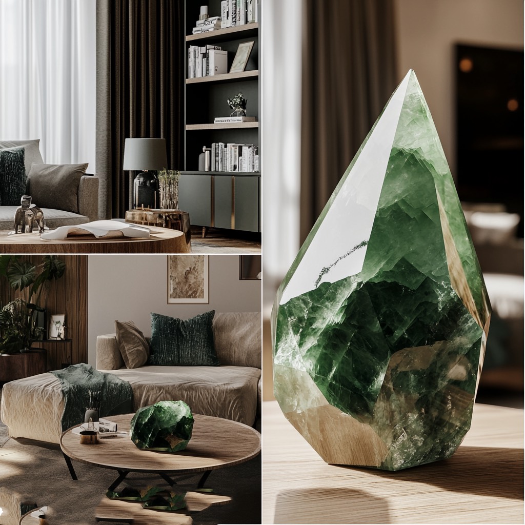 Green phantom crystal representing growth and prosperity, displayed in an elegant, serene setting